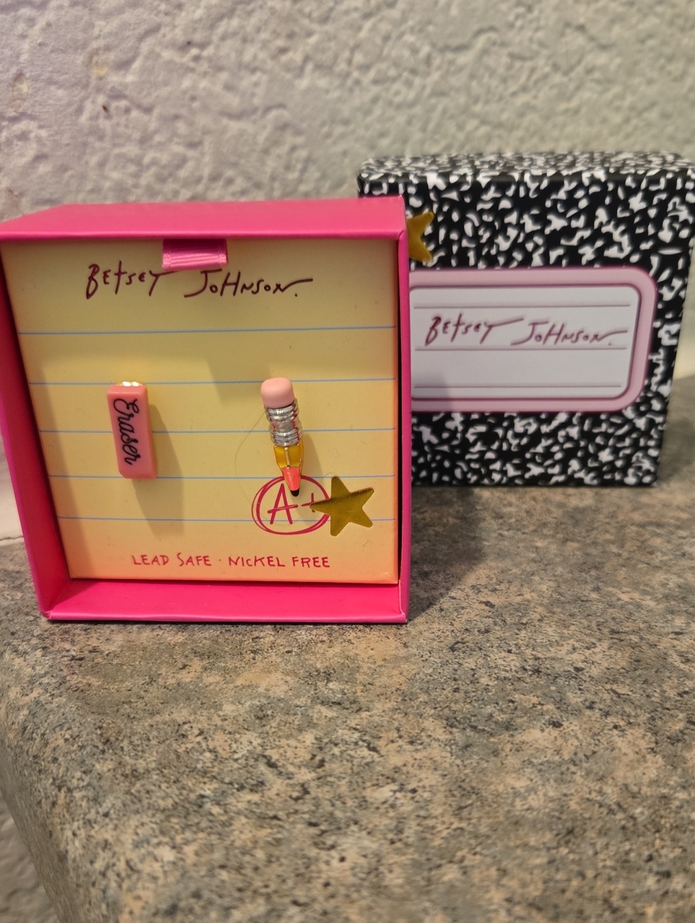 Betsey Johnson Pink and Yellow Pencil & Eraser Stud Earring Set Nwt - Picture 2 of 3